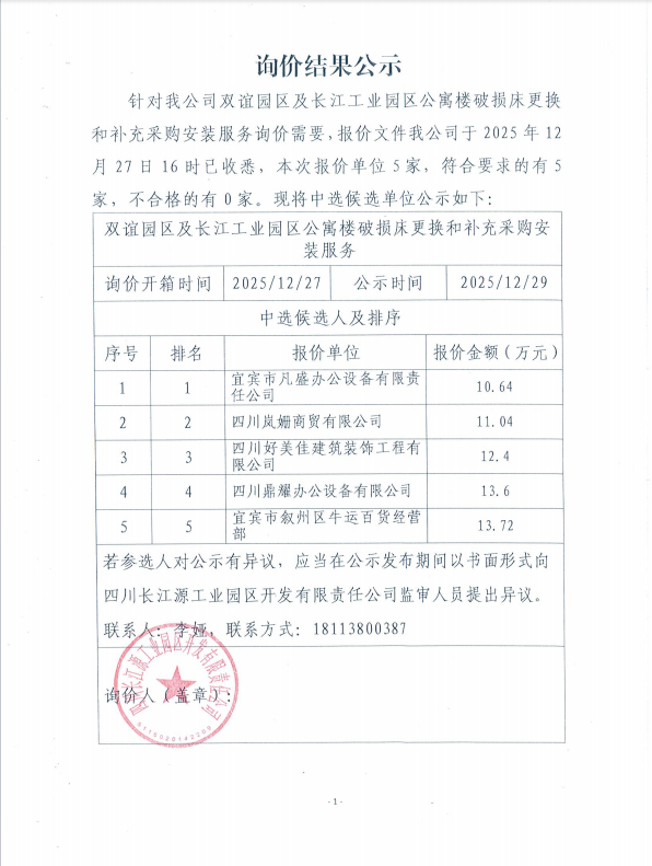 詢價(jià)結(jié)果公示